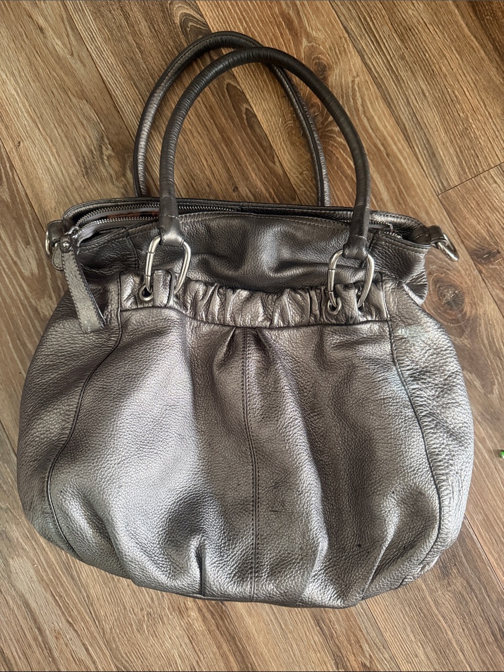 b. makowsky Metallic Gray Leather Shoulder Tote
